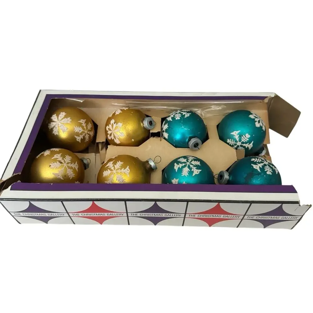 Vintage Stenciled Glass Christmas Bulb Ornaments Made in USA 8 Multi Color